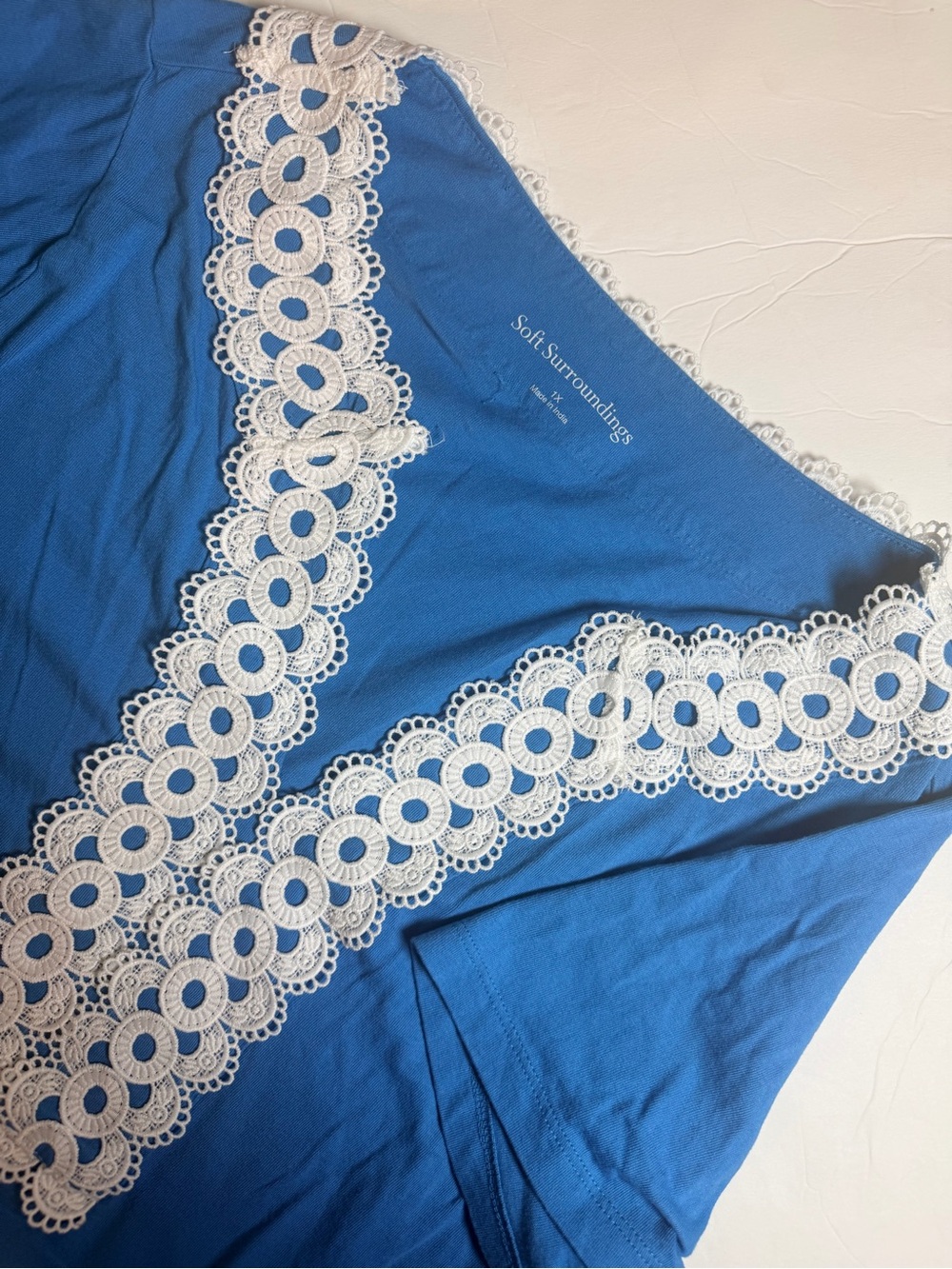 Soft Surrounding Short Sleeve Shirt 1X Blue White Eyelet Lace Detail Boho